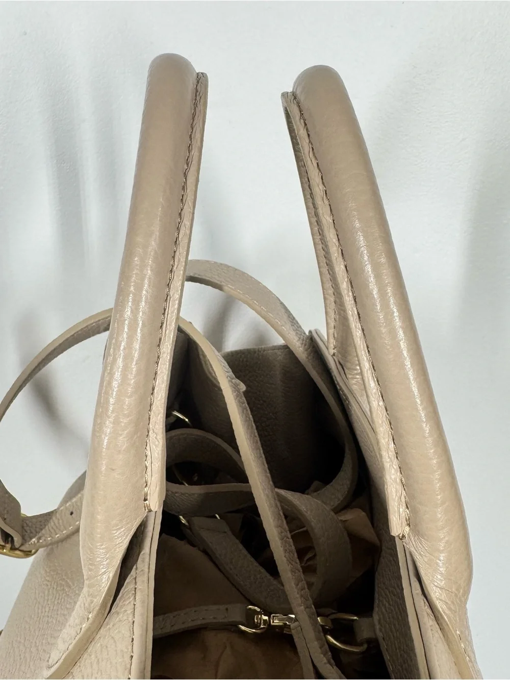 Anna Paola Riva Beige Pebbled Leather Top Handle Satchel Crossbody Shoulder Bag
